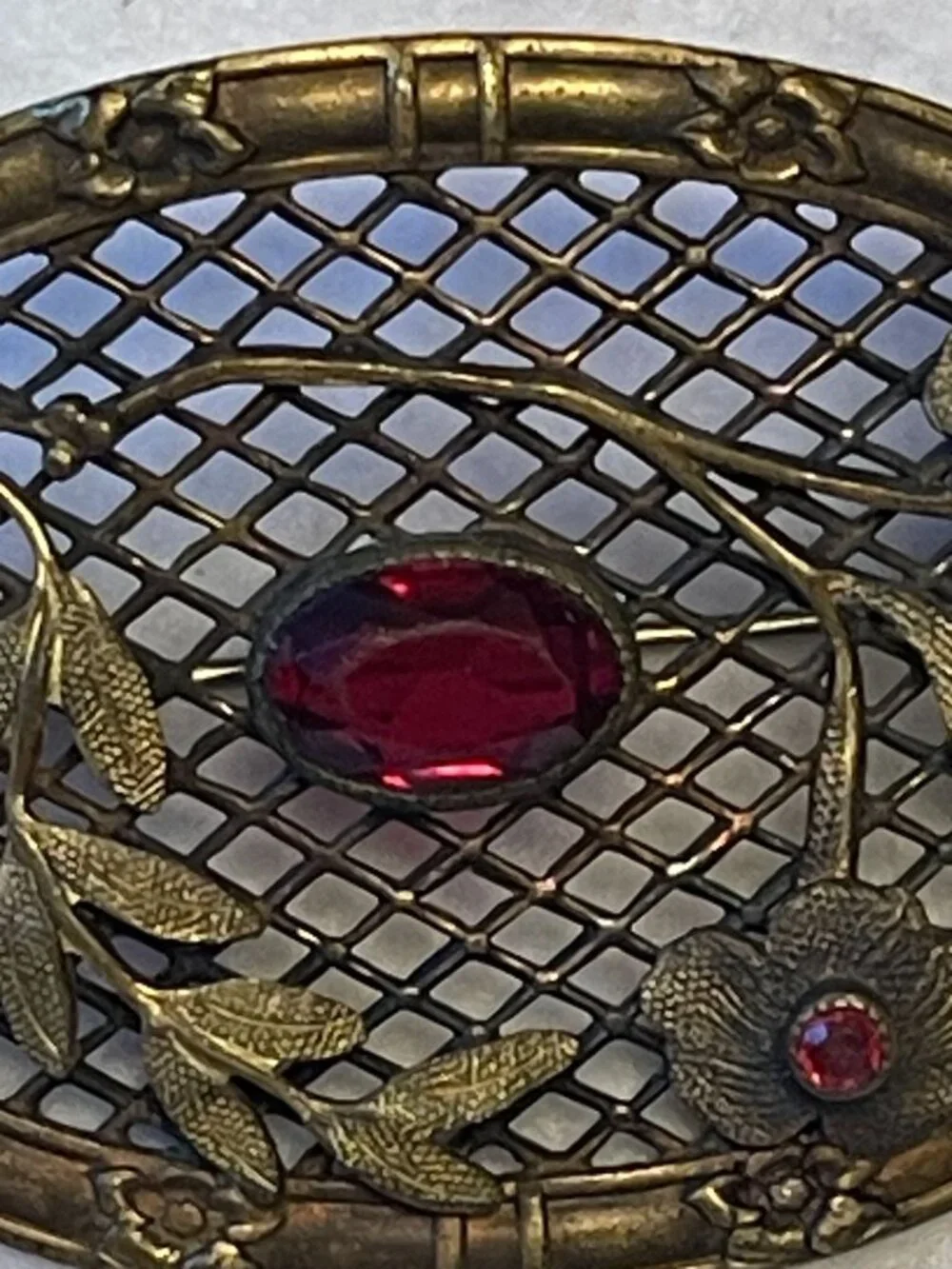 Antique Art Nouveau Brass Sash Brooch With Floral & Leaf Motif Ruby Red Glass St
